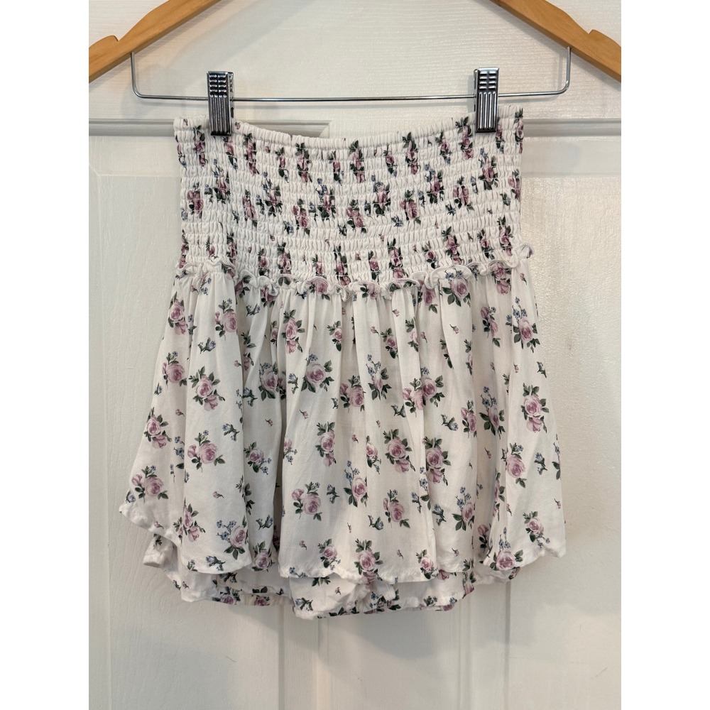 Hollister Ultra High Rise Floral Smocked Skort White Purple Rose Mini Skirt XS